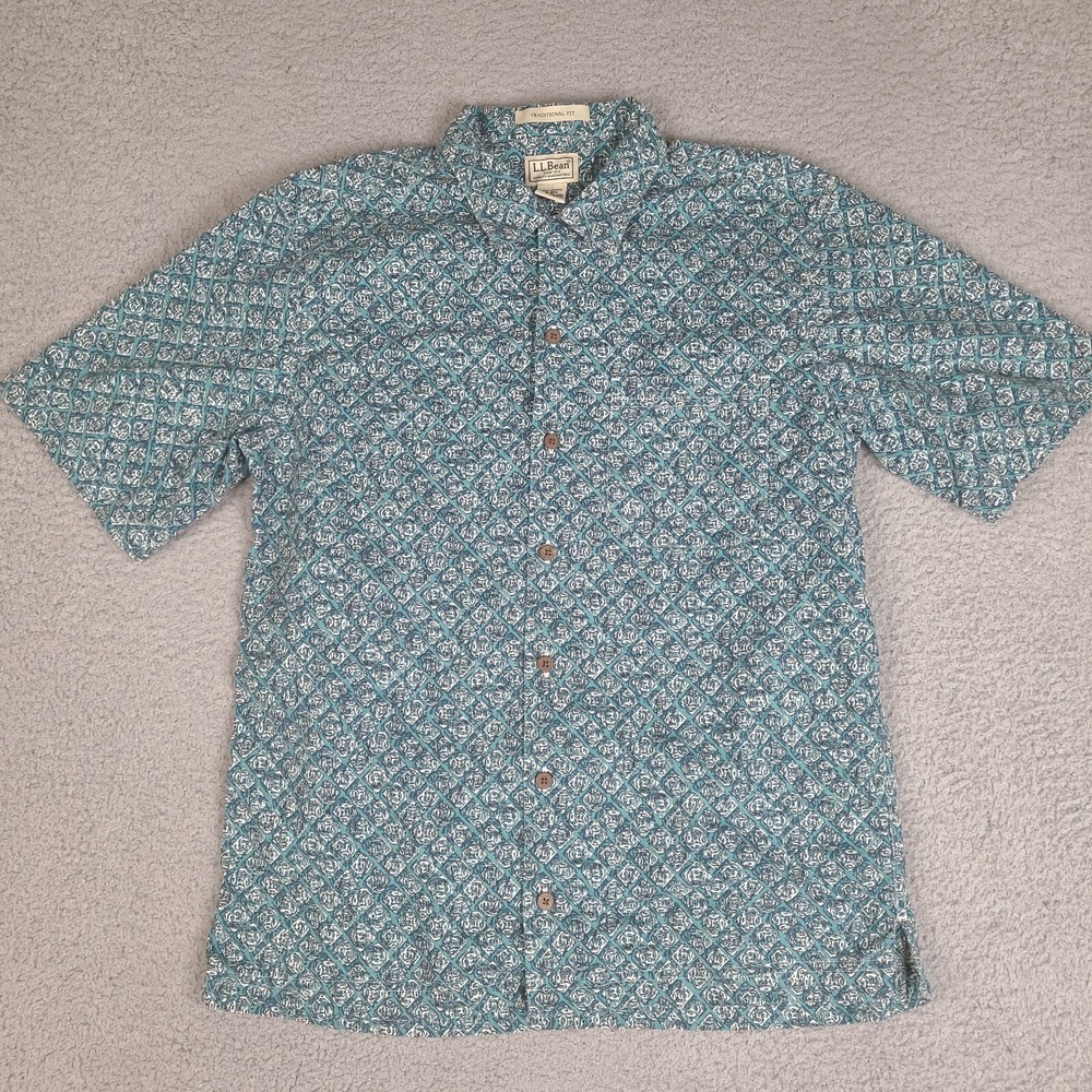 LL Bean Shirt Mens Small Regular Blue Floral Print Slightly Fitted Button Up